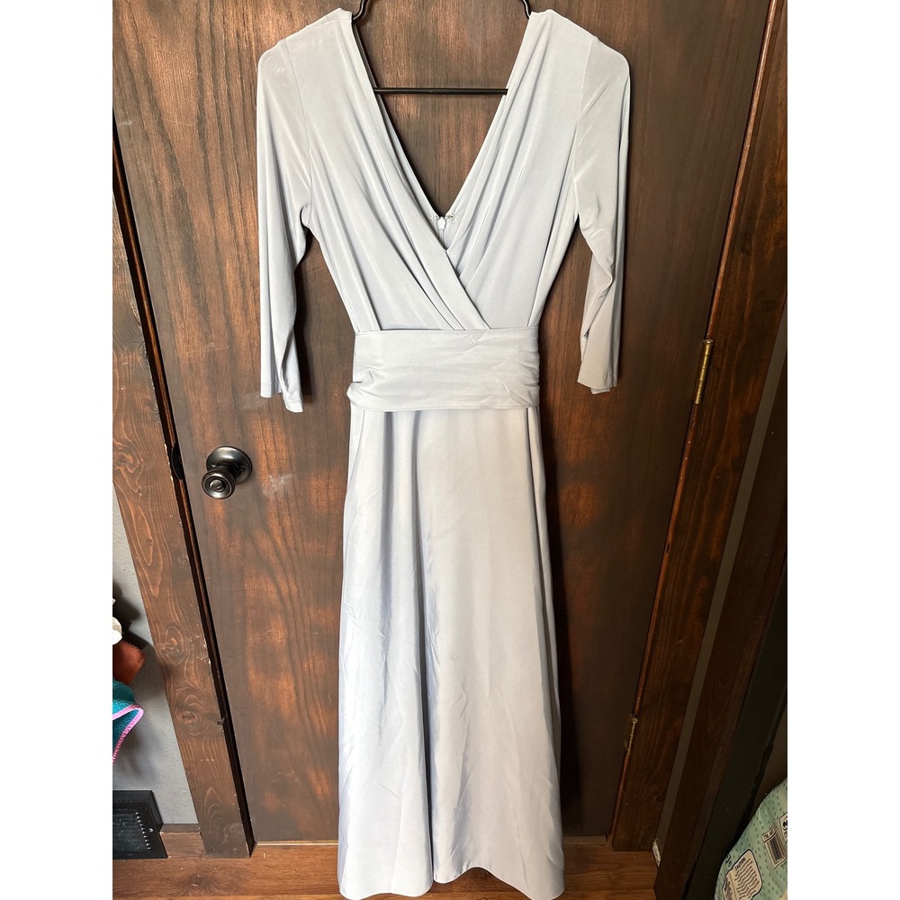 Alfred Sung D736 Platinum V-Neck 3/4 Sleeve Maxi Bridesmaid Dress Size 8 Gown